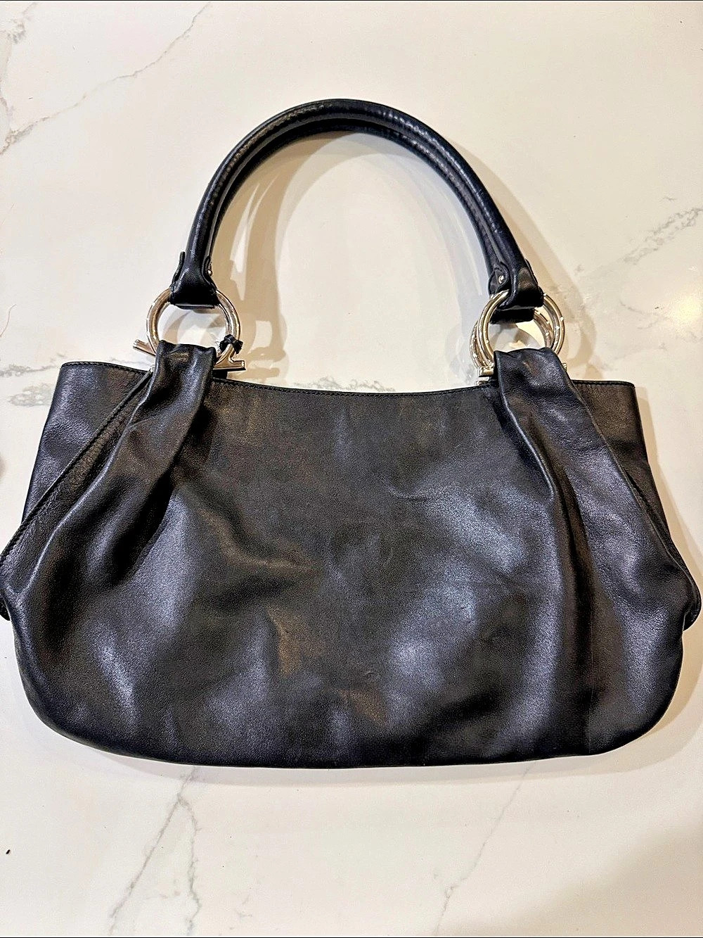 Salvatore Ferragamo Gancini Leather Hobo Bag Black